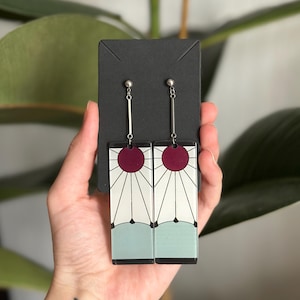 Geometric statement earrings. Modern design in red & mint | Handmade jewelry, perfect for cosplay and festivals - hanafuda earrings