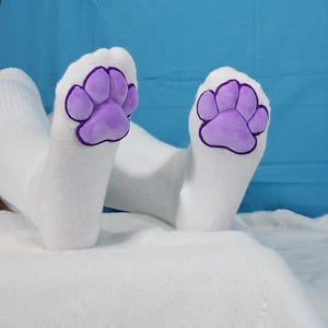 Plush Purple Mochi Paw Pads on White Thigh High Socks