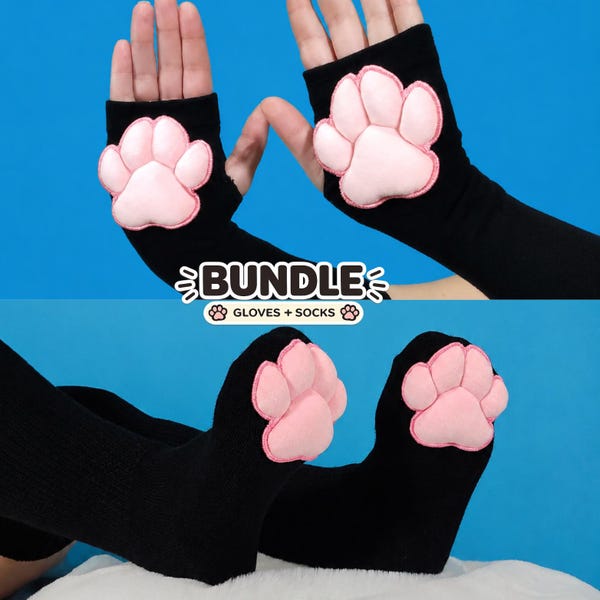 PRE ORDER Paw Pad Socks and Gloves Bundle Black with Pink Plush Paw Pads