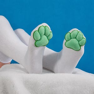 Plush Green Mochi Paw Pad Beans on White Thigh High Stockings