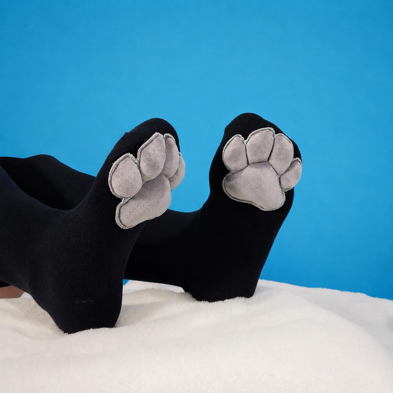 Grey Plush Mochi Paw Pads on Black Thigh High Socks