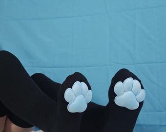 Plush Blue Mochi Paw Pad Socks Black Thigh Highs