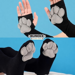 Paw Pad Socks and Gloves Bundle Black with Grey Plush Paw Pads