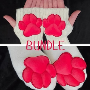 Paw Pad Socks and Gloves Bundle White with Red Plush Paw Pads