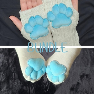 Paw Pad Socks and Gloves Bundle White with Blue Plush Paws