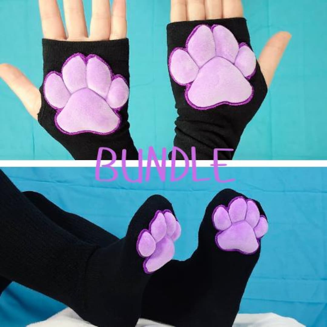 BUNDLE - Black Gloves and Thigh High Socks With Purple Plush Bean Cat Paw Pads - Etsy