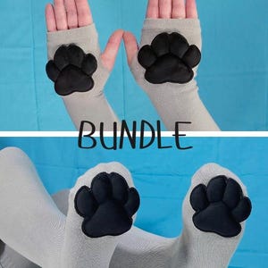 Paw Pad Socks and Gloves Bundle Grey with Black Plush Paws