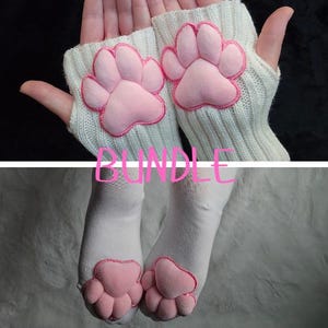 Paw Pad Socks and Gloves Bundle White with Pink Plush Paws