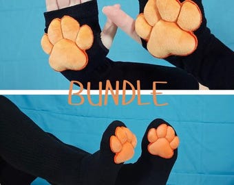 PAQUETE - Guantes negros y calcetines hasta el muslo con almohadillas de felpa naranjas en forma de pata de gato