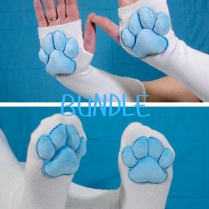BUNDLE - Blaue Plüsch Paw Pads auf Weiß Overknee Socken und Handschuhe