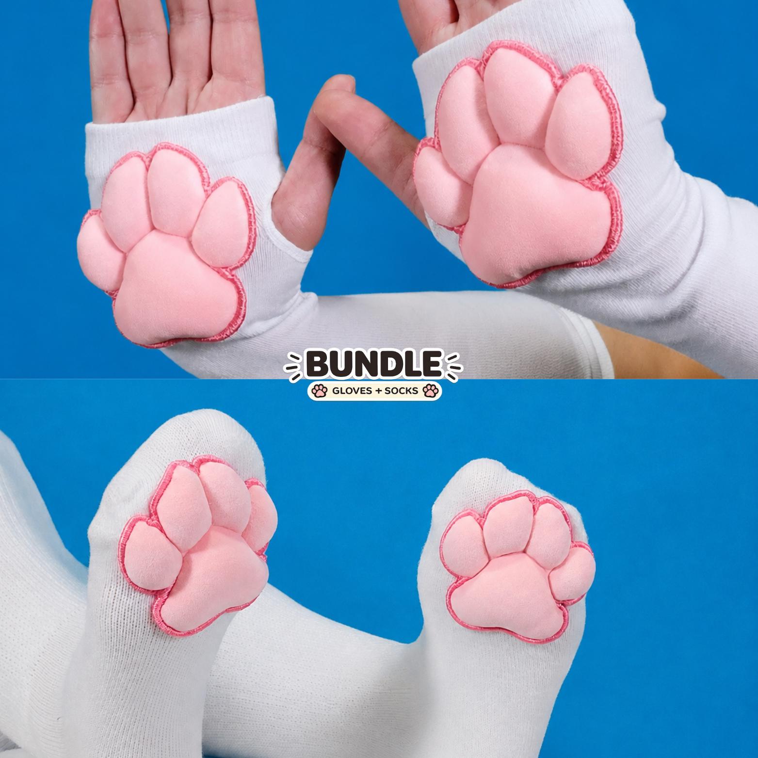 BUNDLE - White Gloves and Thigh High Socks with Pink Plush Paw Pads