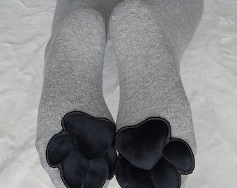 Black Mochi Stuffed Cat Paw Pad on Grey Thigh High Socks for Cosplay