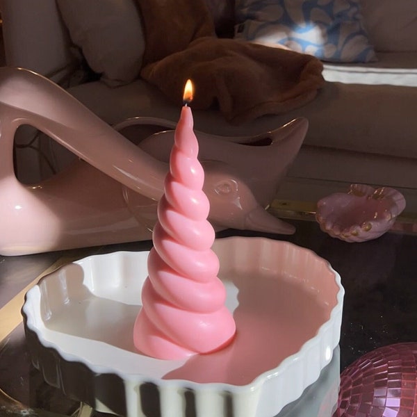 Charlie - Scented/Unscented Handmade Large Spiral Abstract Unicorn Horn Shaped Aesthetic Candle, Customizable Pastel Sculptural Soy Wax