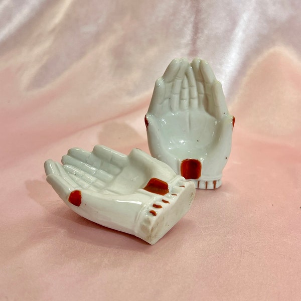 Small Vintage Ceramic White and Red Cupped Hands Ashtray, Art Deco Hand Shaped Dish, MCM Catchall, Match/Lighter Plate *Sold Separately*