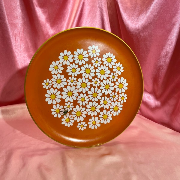 Large 13” Vintage 1970’s Melamine Orange/White/Yellow Daisy Circular Platter, Mid Century Modern Flower Serving Tray/Dish, Retro Kitchenware