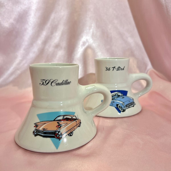 Vintage 1959 Pink Cadillac & 1956 Sky Blue T-Bird Classic Cars Coffee Mugs, Retro "No Spill" Mug, Miami Art Deco Tea Cup *Sold Separately*