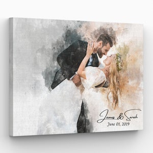 Retrato de casal em aquarela personalizado a partir de foto, tela personalizada a partir de foto, impressão em tela, aniversário de casamento, presente para ele, presente para casal