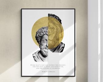 May include: A black and white image of a bust of a man with a gold circle behind his head. The circle is partially obscured by the bust. The bust is split in half, with the right side showing a lion's face. The image includes the quote "Every man's life lies within the present; for the past is spent and done with, and the future is uncertain." - Marcus Aurelius