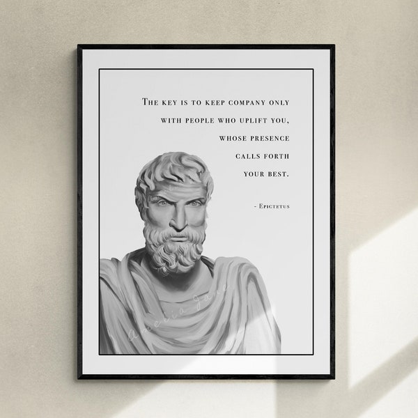 Portrait dessiné à la main d'Épictète, citation de philosophie, affiche de stoïcisme, cadeau pour les stoïciens, philosophie grecque antique