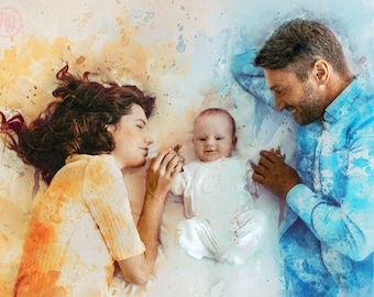 Custom Watercolor Portrait from Photo, Mothers Day Gift, Mom and Baby Portrait Canvas, Family Portrait Painting, Personalized Gift For Her