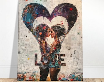 Lesbian Love Collage Canvas Art: Embracing Women Couple, Heart-Shaped, Personalized with 'Love', Perfect for LGBTQ+ Valentine's Day Gift