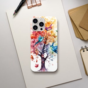 Phone Case, Vibrant Watercolor Bird Tree Art - Elegant, Colorful iPhone/Samsung Case - Ideal for Nature and Art Enthusiasts, Christmas Gift