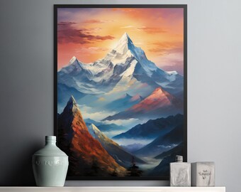 Majestic Peak - Snowy Everest Watercolor Digital Download Art, Sunrise over the Mountains, Beautiful Nature Scene, Wall Art Decor, Printable