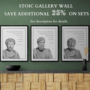 May include: Three framed black and white prints of stoic philosophers with quotes. The prints are on a wooden shelf against a green wall. The text on the prints reads: "You have power over your mind - not outside events. Realize this, and you will find strength." - Marcus Aurelius, "The key is to keep company only with people who uplift you, whose presence calls forth your noblest thoughts." -  Aristotle, "It is not because things are difficult that we do not dare, it is because we do not dare that they are difficult." - Seneca
