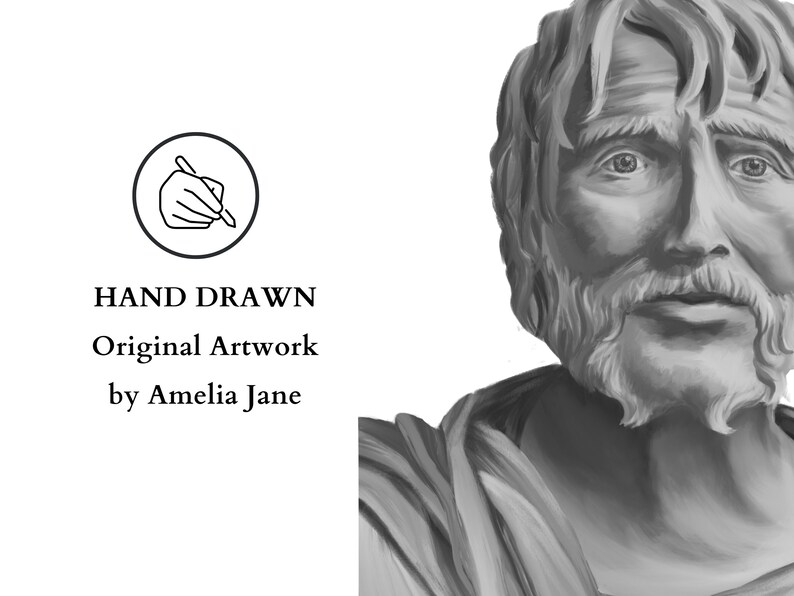 May include: Black and white hand-drawn illustration of a man's face with a beard and long hair. The illustration is in a realistic style and the man has a thoughtful expression.