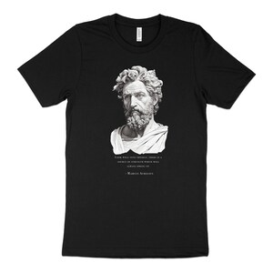 Pode incluir: Camiseta preta com uma imagem branca de um busto de um homem com barba e a citação "Olhe bem para si mesmo; existe uma fonte de força que sempre surgirá se você sempre olhar." - Marco Aurélio