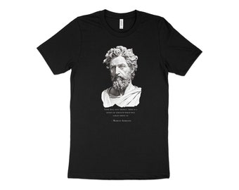 May include: Black t-shirt with a white image of a bust of a man with a beard and the quote "Look well into yourself; there is a source of strength which will always spring up if you will always look." - Marcus Aurelius