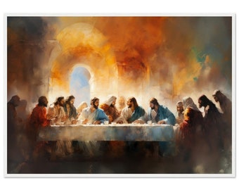 Puede incluir: Una pintura que representa la Última Cena, una escena de la Biblia cristiana. Jesús se sienta en el centro de una mesa con sus discípulos, rodeado de una luz cálida y dorada. La pintura está realizada en un estilo realista con pinceladas suaves.