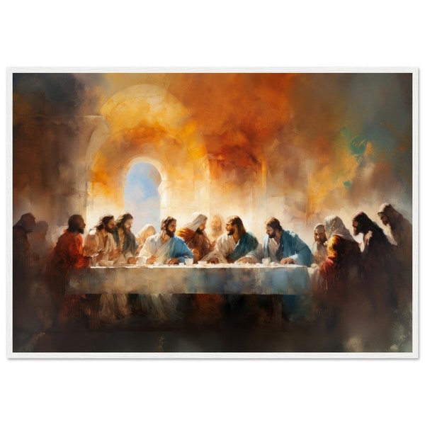 'Das letzte Abendmahl' Premium Poster - Aquarell Kunst von Jesus und den Schülern - Eleganter weißer Rahmen - Religiöse Wanddekoration, Weihnachtsgeschenk