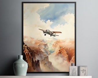 Amelia Earhart Flight - Watercolor Sky Retro Plane - Digital Art Download, Adventure Artwork, Bathroom Wall Decor, Gift for Pilots