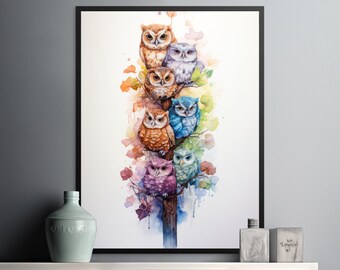 Owl Tower, Six Vertical Owls Watercolor Digital Art Download, Love for Owls, Printable Artwork, Bathroom Wall Decor, Girls Room Art for Wall