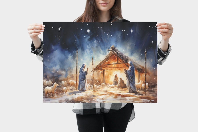 May include: A watercolor painting depicting the nativity scene with a star-filled night sky. The scene includes a stable with a straw roof, a manger with a baby inside, and three figures standing outside the stable. The figures are dressed in blue robes and are looking at the baby in the manger.