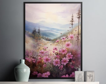 Summer Bloom - Flowers & Mountains Watercolor Instant Digital Download, Bathroom Wall Decor, Nature Inspired Artwork, Inspirational Art
