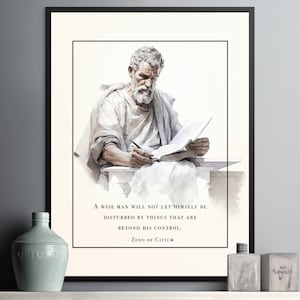 Op de afbeelding: Een zwart-witte illustratie van een man met een baard en lang haar, zittend en schrijvend in een boek. Onder de illustratie staat de quote "Een wijze man zal zich niet laten storen door dingen die buiten zijn controle liggen. - Zeno van Citium."