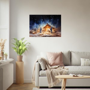 May include: A watercolor painting depicting the nativity scene with a wooden stable, a star in the sky, and two figures standing in front of the stable.