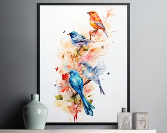 Avian Quartet, Four Beautiful Birds Watercolor Digital Art Download, Kids Room Wall Decor, Artwork for Children Room, Nature Birds Lovers