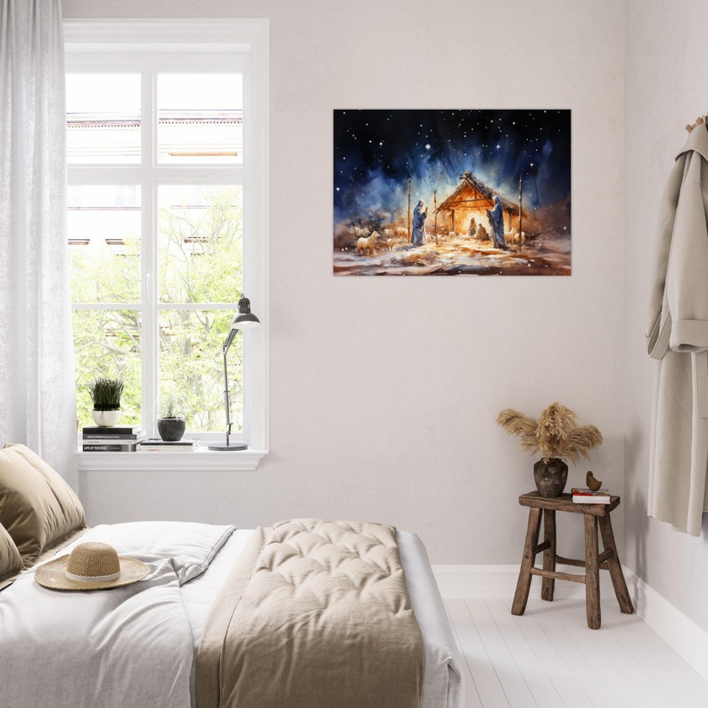 May include: A watercolor painting of a nativity scene with a wooden stable, two figures, and sheep in the foreground. The background is a dark blue sky with white stars.
