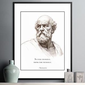 Könnte beinhalten: Eine Schwarzweißillustration des griechischen Philosophen Sokrates. Unter der Illustration steht das Zitat "Um dich selbst zu finden, denke selbst. - Sokrates".