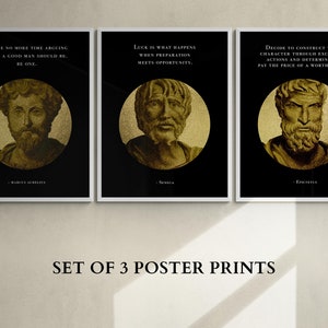 Set of 3 Stoic Artwork Black and Gold Posters: Marcus Aurelius, Epictetus, and Seneca, Hand-drawn Stoic Art, Memento Mori, Stoicism Print