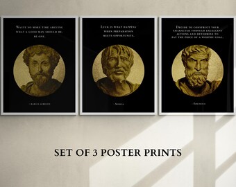 Set of 3 Stoic Artwork Black and Gold Posters: Marcus Aurelius, Epictetus, and Seneca, Hand-drawn Stoic Art, Memento Mori, Stoicism Print