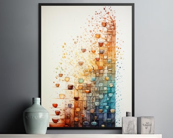 Colorful Brew - Vivid Coffee Cups Tree Watercolor Digital Download Art, Printable Artwork, Wall Decor for Kitchen