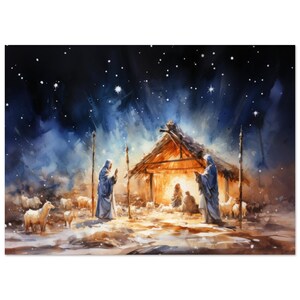 Unframed Starry Night Nativity - Premium Matte Poster - Detailed Wise Men and Celestial Sky- Spiritual Christmas Art for Home and Church 13x18 cm / 5x7″