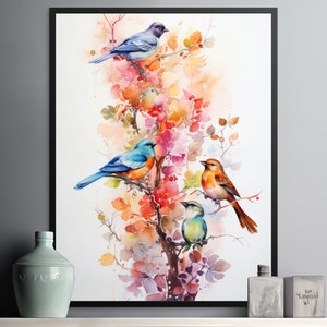 Nature Melody, Four Watercolor Birds Instant Digital Download Art, Colorful & Cheerful Birds Perching on a Tree Branch, Kitchen Wall Decor