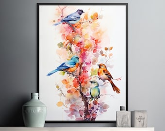 Nature Melody, Four Watercolor Birds Instant Digital Download Art, Colorful & Cheerful Birds Perching on a Tree Branch, Kitchen Wall Decor