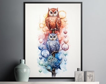 Owl Column - Three Vertical Owls Watercolor Instant Digital Download, Nature Lovers Gift, Bathroom Wall Decor, Boys Room Decor