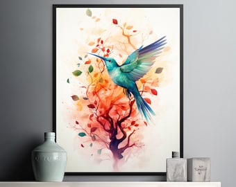 Vibrant Flight - Blue Hummingbird Watercolor Instant Digital Download, Colorful Painting of a Bird and Tree, Wall Decor for Girls Room
